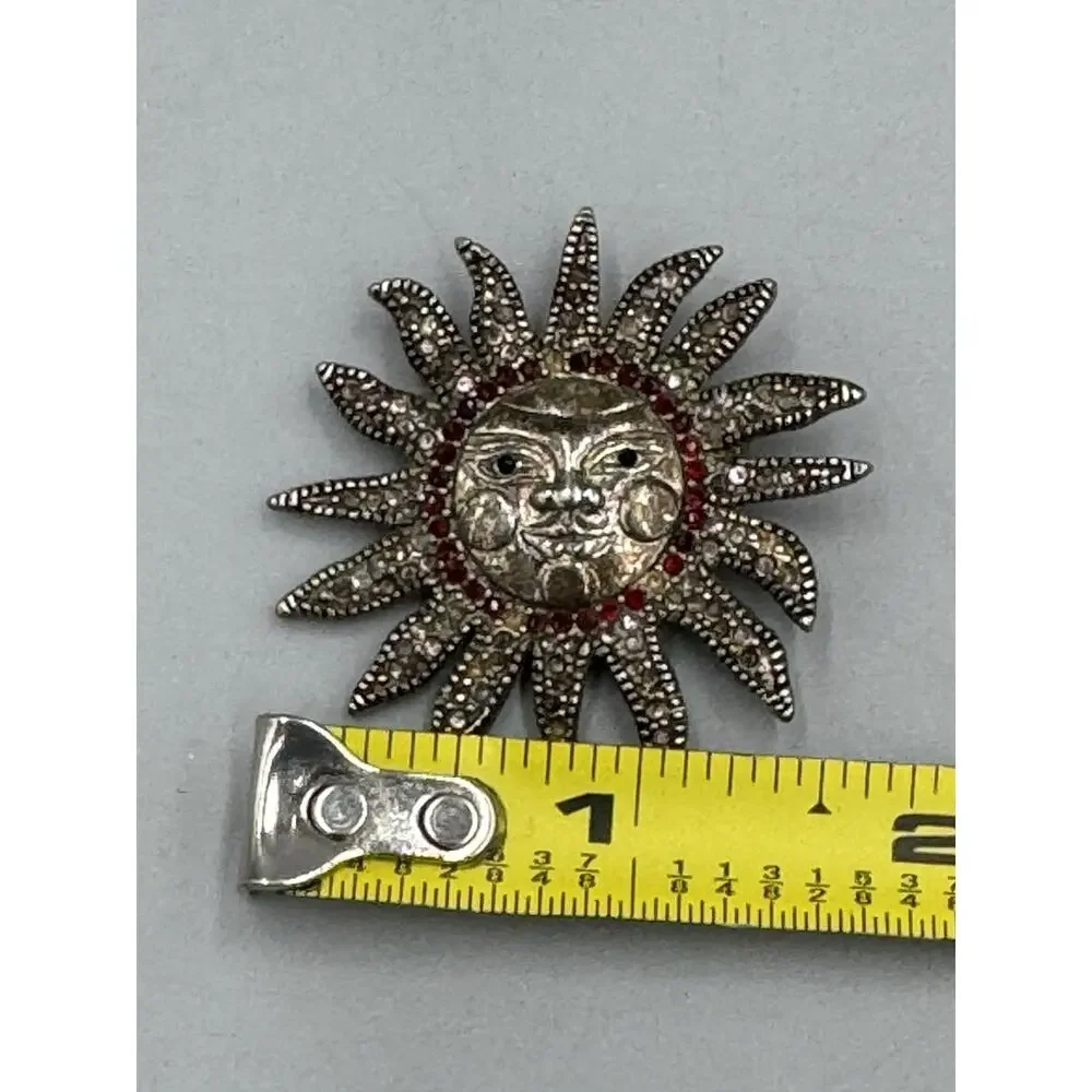 Vintage Clown Sun Face Brooch Mini Red Stones Lapel Pin READ DETAILS